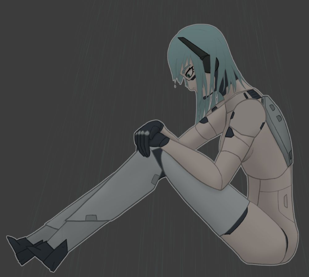 A nude female android sits under a shower with her knees slightly drawn in. She has unusually long non-humanoid legs and a vacant expression.