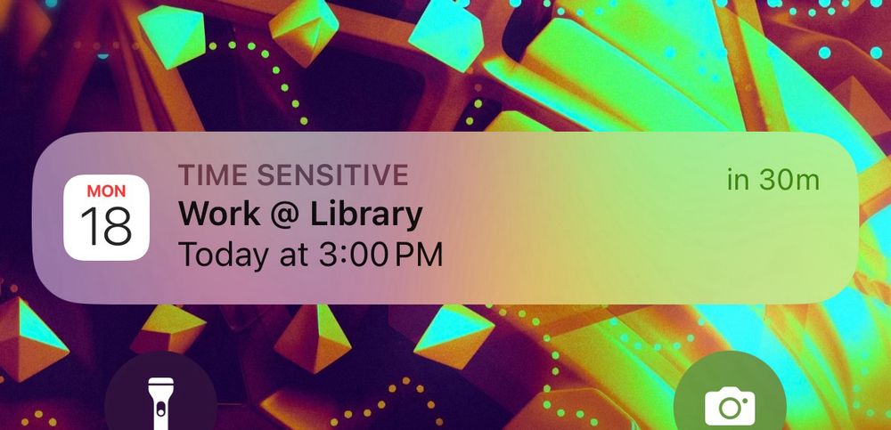 Notification from my calendar app that says I have work in half an hour