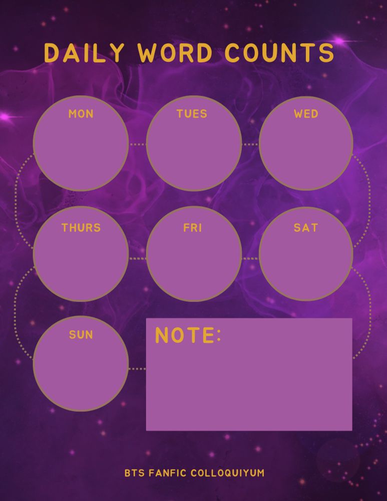 A word count tracker with bubbles for the seven days of the week so writers can note their word counts for each day.
