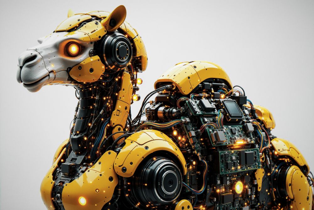 High-detail render of a yellow robotic camel, panels open to reveal circuits, cables, and glowing amber LEDs; head in profile on a clean gray backdrop, sci-fi industrial.