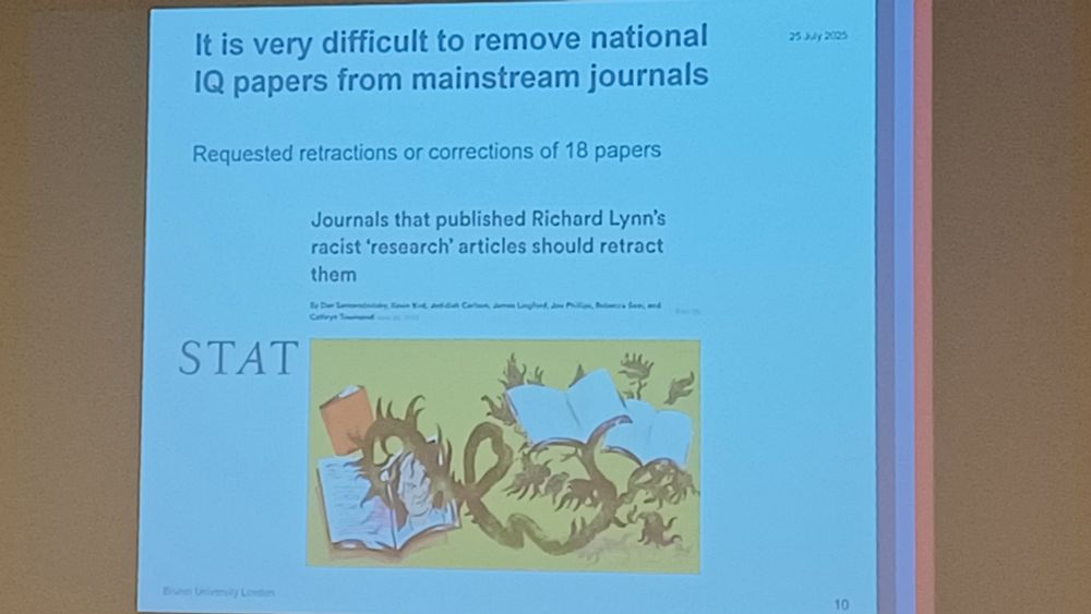 Slide highlighting article that has argued for retraction of articles using fraudulent 'national IQ dataset'.