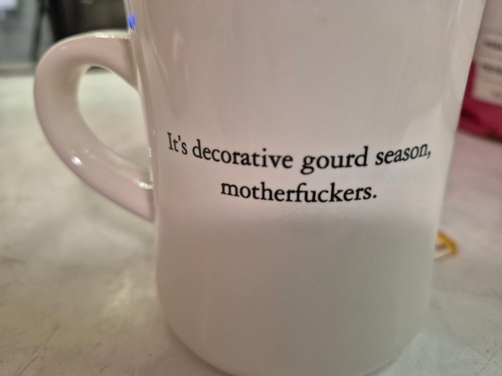 A white mug with the text "It's decorative gourd season, motherfuckers."