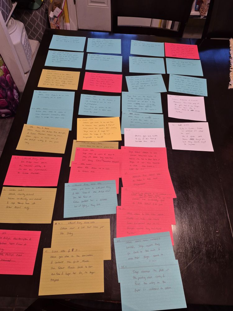 Colorful index cards on black table