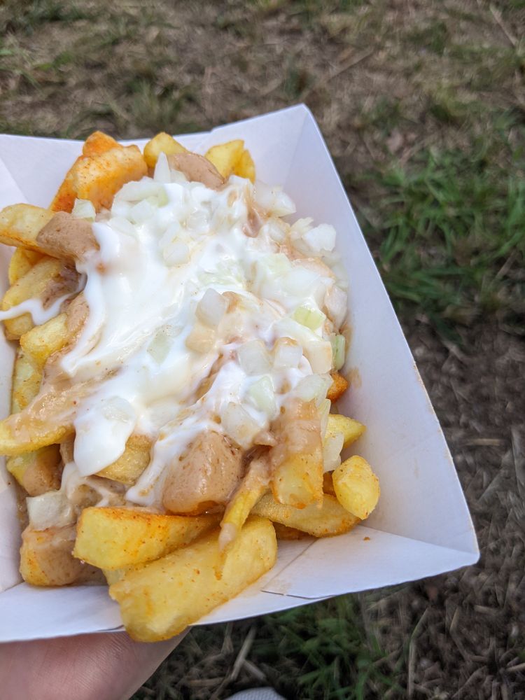 Pommes in einer weißen Pappschale, darauf Erdnusssoße, Mayo und Zwiebelwürfel