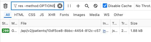 Screenshot of Firefox network dev tools, showing 1 request with a long path, the end of which is not visible