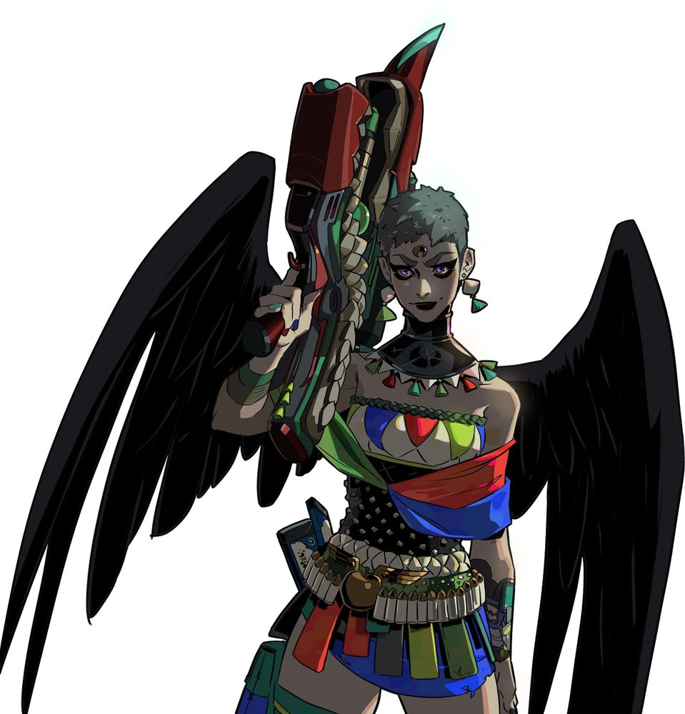 this is eris, the embodiment of strife, as depicted in hades 2

um, i want to be diplomatic about this: she’s Aesthetic. this is a hateful cyberpunk pixie with black wings, grey hair, the adamant rail on one shoulder and cym (cyan yellow magenta) detailing in lieu of an outfit. this is literally how i think my haters see me.