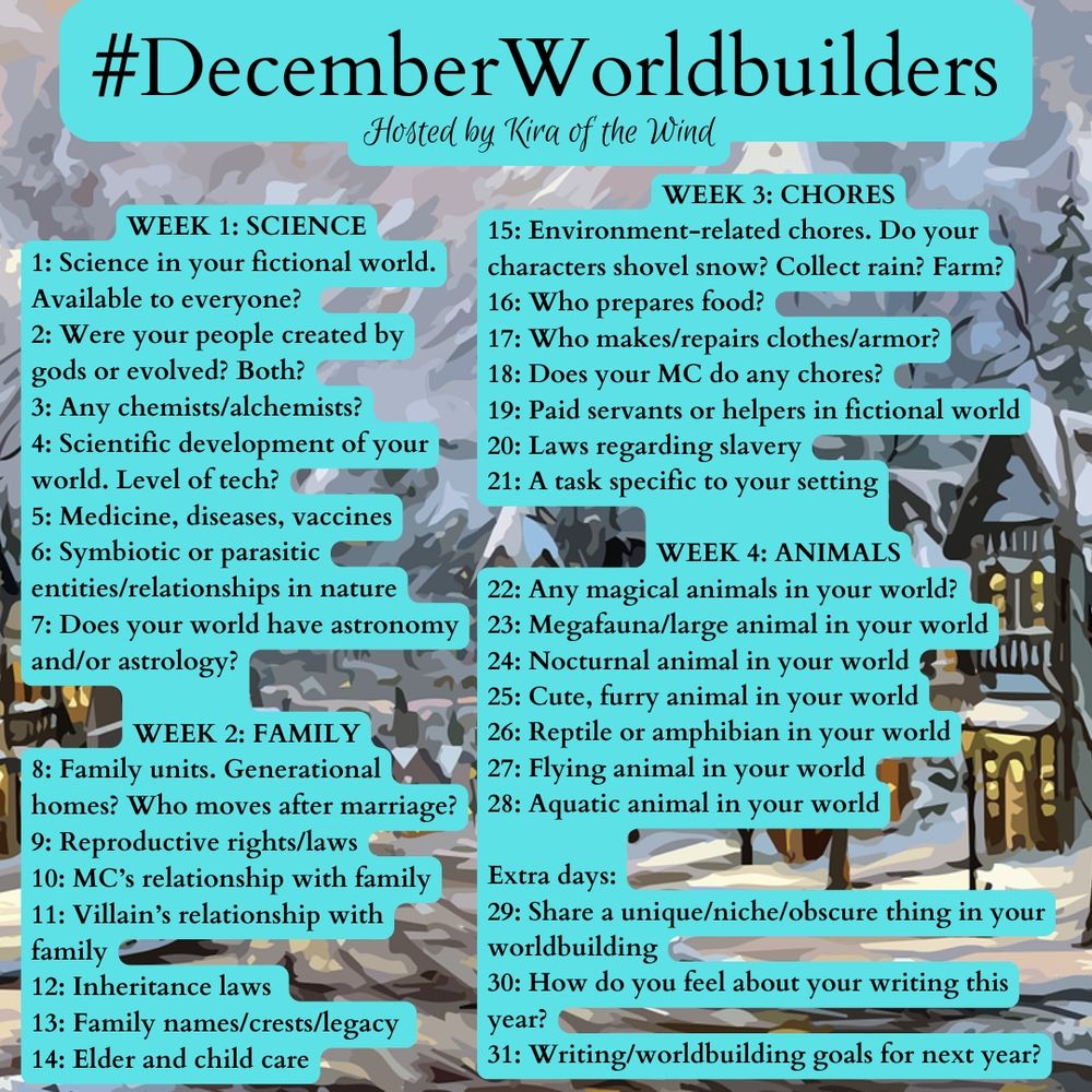 MonthlyWorldbuilders prompts daily feed card 
DecemberWorldbuilders
Hosted by Kira of the Wind

WEEK 1: SCIENCE
1: Science in your fictional world. Available to everyone? 
2: Were your people created by gods or evolved? Both?
3: Any chemists/alchemists?
4: Scientific development of your world. Level of tech?
5: Medicine, diseases, vaccines
6: Symbiotic or parasitic entities/relationships in nature
7: Does your world have astronomy and/or astrology?

WEEK 2: FAMILY
8: Family units. Generational homes? Who moves after marriage?
9: Reproductive rights/laws
10: MC’s relationship with family
11: Villain’s relationship with family
12: Inheritance laws 
13: Family names/crests/legacy 
14: Elder and child care

WEEK 3: CHORES
15: Environment-related chores. Do your characters shovel snow? Collect rain? Farm?
16: Who prepares food?
17: Who makes/repairs clothes/armor?
18: Does your MC do any chores?
19: Paid servants or helpers in fictional world
20: Laws regarding slavery
21: A task specific to your setting

WEEK 4: ANIMALS
22: Any magical animals in your world?
23: Megafauna/large animal in your world
24: Nocturnal animal in your world
25: Cute, furry animal in your world
26: Reptile or amphibian in your world
27: Flying animal in your world
28: Aquatic animal in your world

Extra days:
29: Share a unique/niche/obscure thing in your worldbuilding
30: How do you feel about your writing this year?
31: Writing/worldbuilding goals for next year?