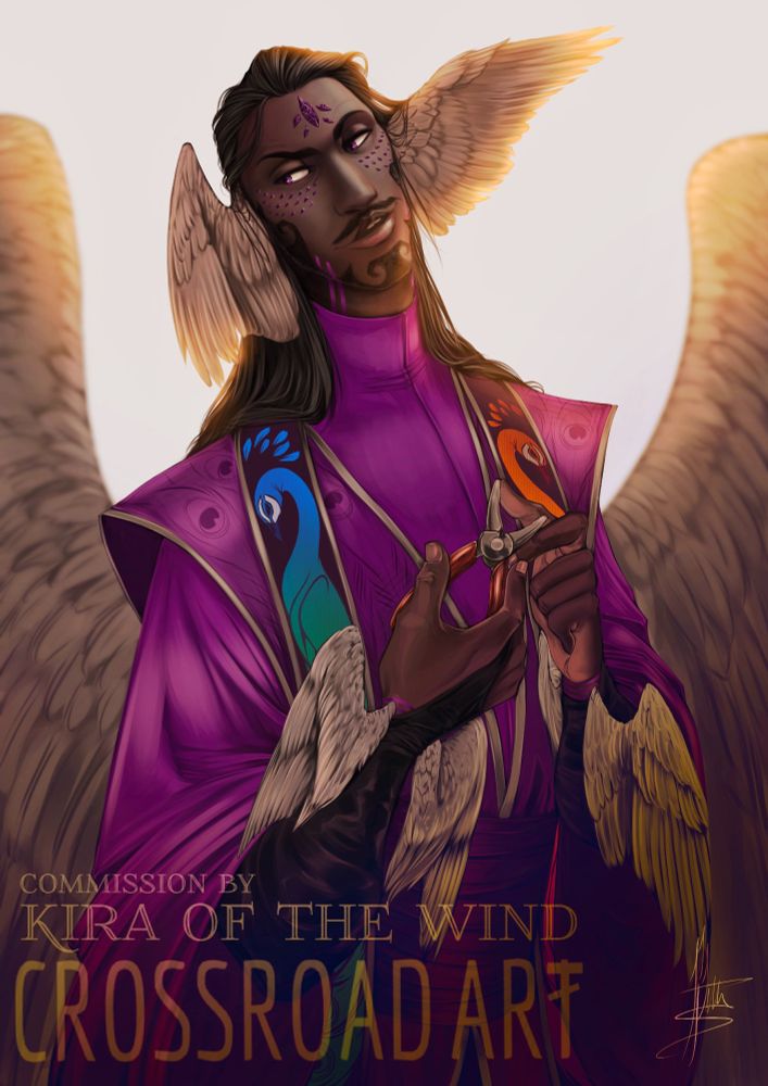 The Lord Hierophant from the Pentagonal Dominion books. He’s a tall, dark-skinned man with an elaborate beard and mustache, and purple jewels embedded in his face around his eyes and on his forehead. He’s dressed in purple priestly robes with images of peacocks (regular colored and one with red/yellow coloration). He has wings coming out of his lower back, as well as wings for ears and on his wrists. He is holding a pair of pliers threateningly, as if to torture someone with them. He has a cruel, stern expression on his face.