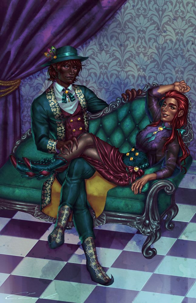 Art of Lungidus and Loyenie from the Pentagonal Dominion books. Lungidus is a handsome man in fancy clothes, green and purple, with peacock feathers on his hat. He's a dark-skinned man with tentacled fingers. Loyenie is dressed in purple, burgundy, and some green. She has tan skin, red hair, and is leaning on a divan with her legs on Lungidus's lap.