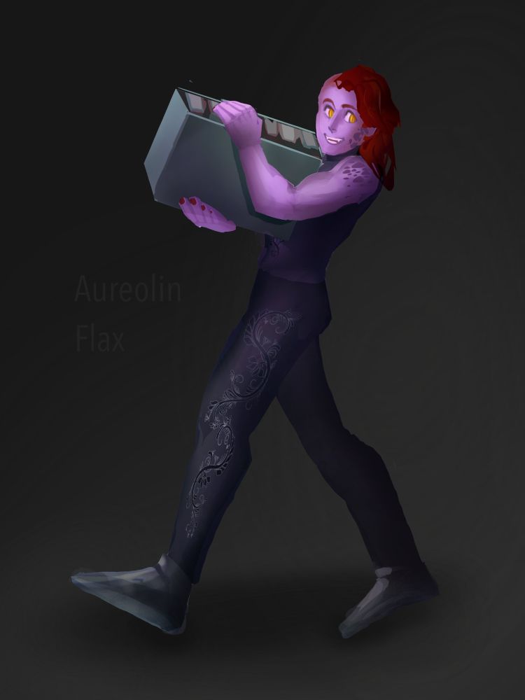 Varesh from Better the Devil You Know. He is a young adult/old teen boy with purple skin, some scales on his shoulder and cheeks, and red hair on the left side of his head only. The other side is shaved bald. He is carrying a box of books, but looks happy to be helping out. He’s wearing sleeveless shirt and long pants with a vine-like pattern down the leg