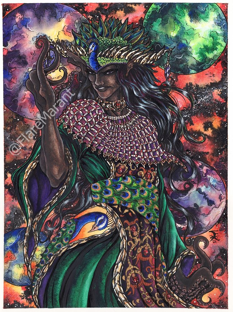 Lucognidus from the Pentagonal Dominion books. He is a God with dark skin, long black hair, and peacock-themed clothes and helmet. He has one hand raised up, with his fingers (which are tentacles) curled in a powerful pose. He has a wicked smirk, portraying power and grace. The background displays the sky of Cosmo, full of colorful planets, stars, and space gas.