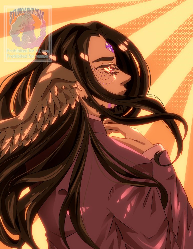 Aubergine from the Good Thyme Inn books. He is in profile here, facing the sun. His hair blocks some of his face. His eyes are slightly closed, his wing-ears flowing back with his long hair. He has dark skin, lit up by the sun, and jewels on his face.