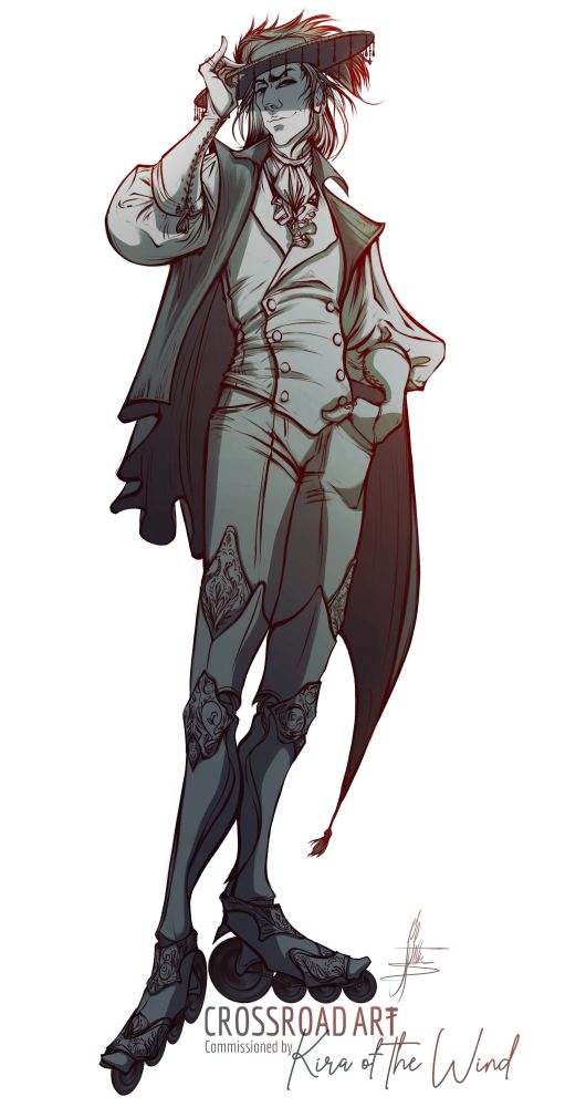 Sidonay from the Pentagonal Dominion books. A handsome, well-dressed man in an ascot, waistcoat, and cape. He has a unique hat with a feather and dangling jewels around the brim. His legs become mechanical above the knees and he has roller blades for feet. He has a cruel smirk and is tilting his hat in an aloof, arrogant manner. The man gives off a supercilious/condescending attitude