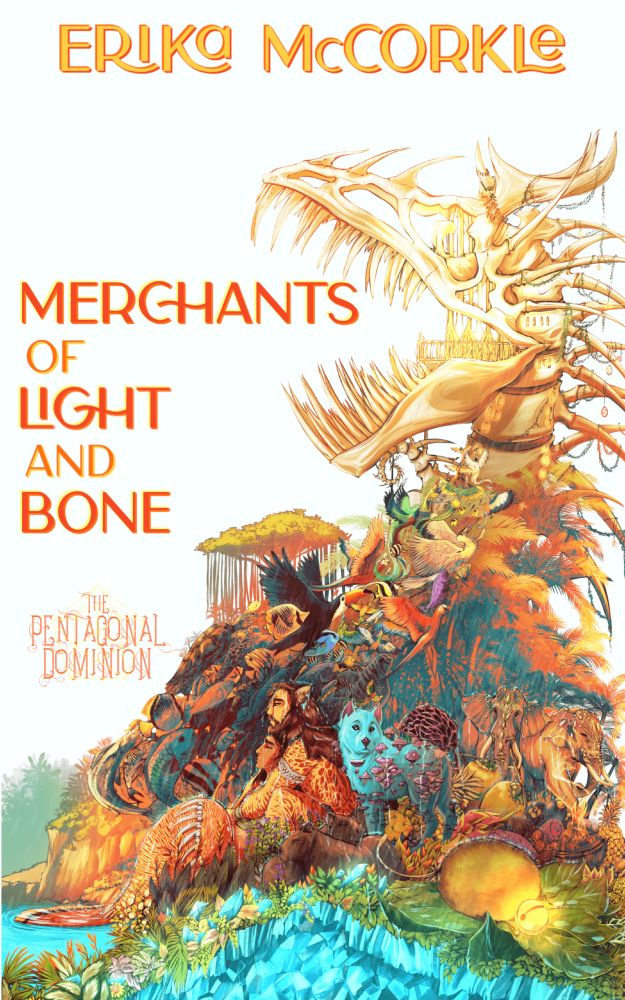 Cover of the Dark Adult Fantasy novel, Merchants of Light and Bone. A massive serpentine monster skeleton dominates the right side of the artwork. It has a crystal with a light in its mouth, posed in profile. Many tropical fish and birds appear to be moving from the bottom left to the monster’s skull. Beneath, there are many tropical trees and plants, plus capybaras and elephants with jewels on their face. The MCs, Amiere and Su are near the bottom, looking forlornly over the ocean. Their mushroom-dog stands nearby, looking in the opposite direction. A crevice of blue crystals is poking out from underneath. Overall, the cover is dominated by yellows and oranges.