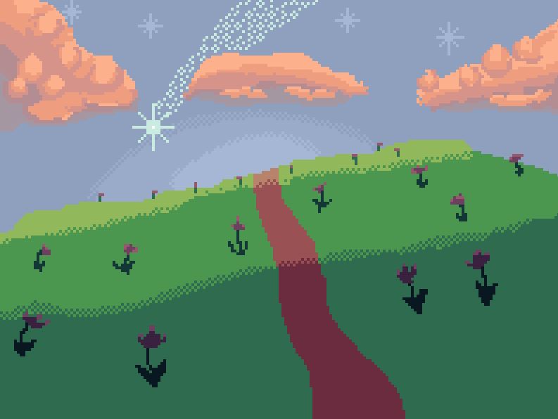 Pixel art made by me. Image shows a path along a field of flowers and pink clouds in the sky. It's past sunset and the field is darkening. A shooting star zips across the sky.