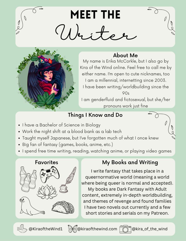 Meet the writer
About me: My name is Erika McCorkle, but I also go by Kira of the Wind online. Feel free to call me by either name. I’m open to cute nicknames, too
I am a millennial, internetting since 2003.
I have been writing/worldbuilding since the 90s
I am genderfluid and fictosexual, but she/her pronouns work just fine

Things I know and do:
I have a Bachelor of Science in Biology
Work the night shift at a blood bank as a lab tech
Taught myself Japanese, but I’ve forgotten much of what I once knew
Big fan of fantasy (games, books, anime, etc.)
I spend free time writing, reading, watching anime, or playing video games

Favorites:
flower: lotus
drink: coca cola
food: taco
animal: seal
hobbies: video games and writing

My books and writing
I write fantasy that takes place in a queernormative world (meaning a world where being queer is normal and accepted).
My books are Dark Fantasy with Adult content, extremely in-depth worldbuilding, and themes of revenge and found families
I have two novels out currently and a few short stories and serials on my Patreon.