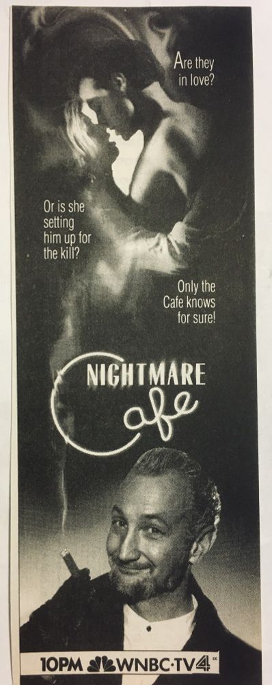 Old promo for the TV show Nightmare Cafe. A couple is embracing in the background while a man is smiling and holding a cigar in the foreground. 