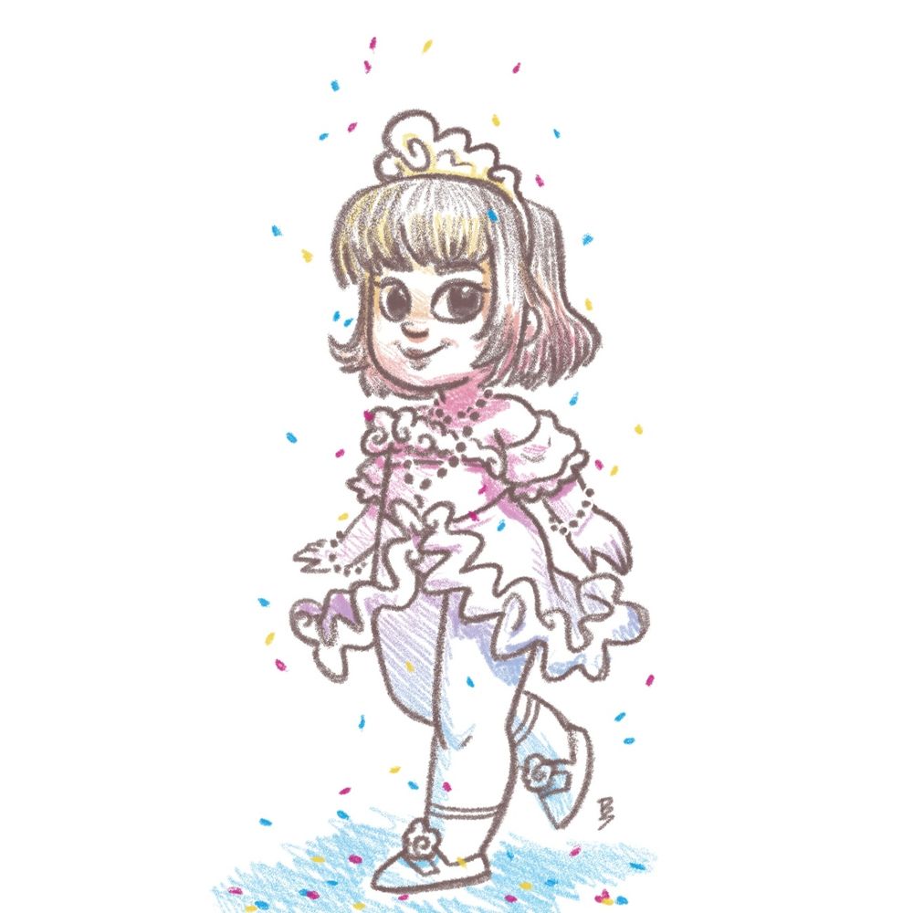Um desenho digital de uma criança pequena com um adereço de cabeça, um top com mangas bufantes e uma saia longa partida na frente. Ao seu redor, caem confetes coloridos.