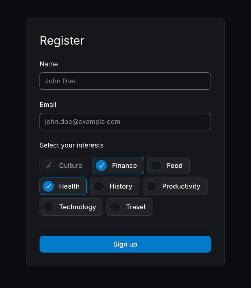 Register form with name, email, and interest chips; Finance and Health selected