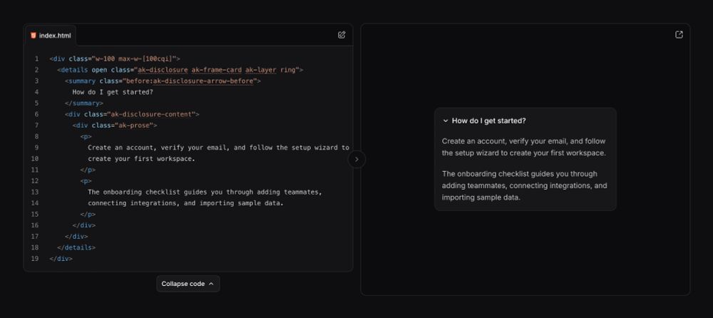 Split-view code playground with HTML details/summary accordion and a rendered disclosure card preview