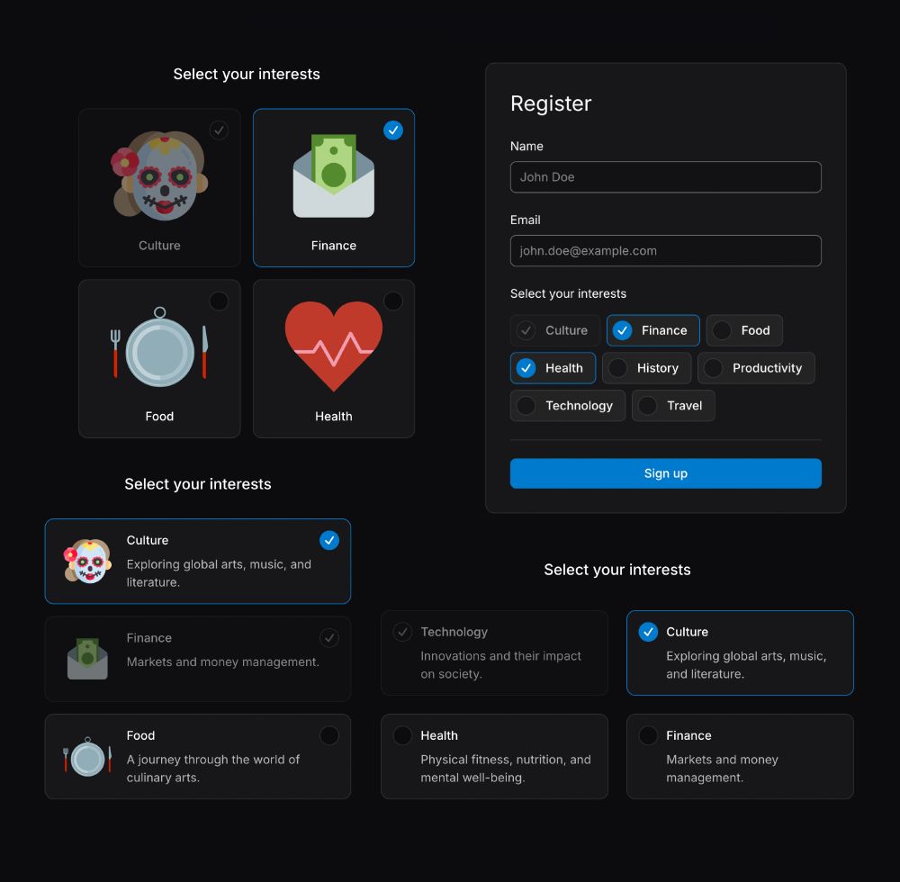 A composite image displaying different UI patterns for selecting interests on a dark background. The variations include large graphical cards, smaller tag-like buttons within a registration form, and detailed rectangular cards with descriptions.