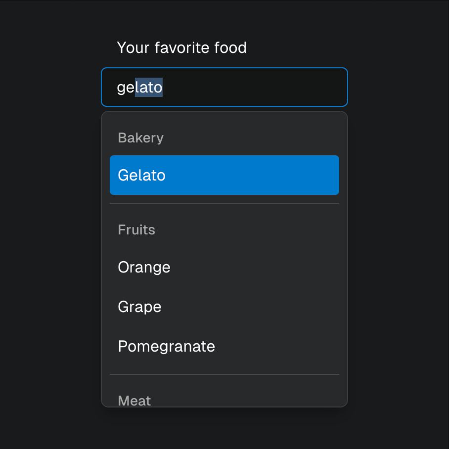 Screenshot of an open combobox widget with the value "gelato". The last 4 characters of the value are selected and the first option "Gelato" is focused.