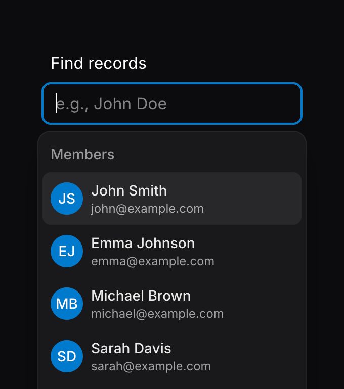 Screenshot of combobox with groups in dark mode