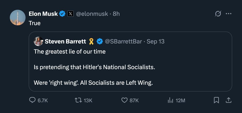 Elon Musk posts “True” and quote‑tweets Steven Barrett whose message reads: “The greatest lie of our time is pretending that Hitler’s National Socialists were ‘right wing’. All Socialists are Left Wing.” Visible engagement shows about 6.7K replies, 13K reposts, 87K likes, and 12M views.
