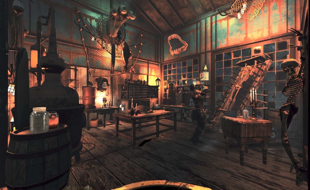 Interior of the camp, with wood elements and fishing-themed decor