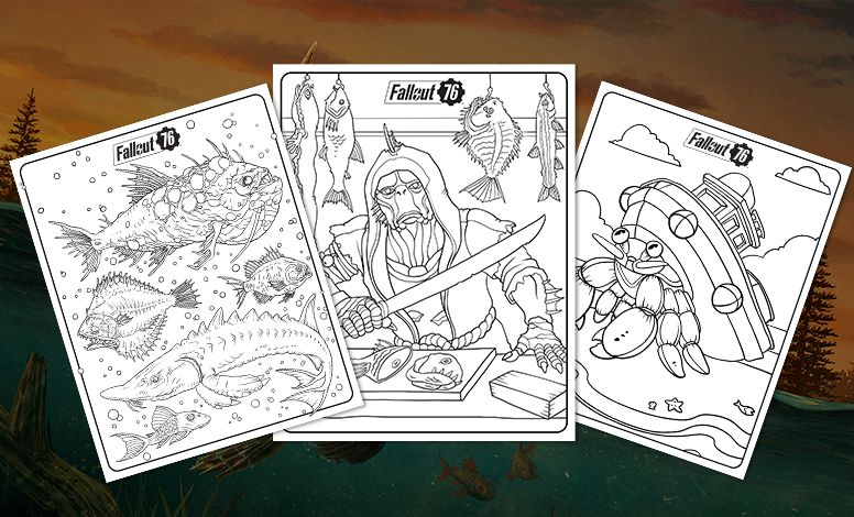 Three coloring book pages spread out over a fishing background. 
