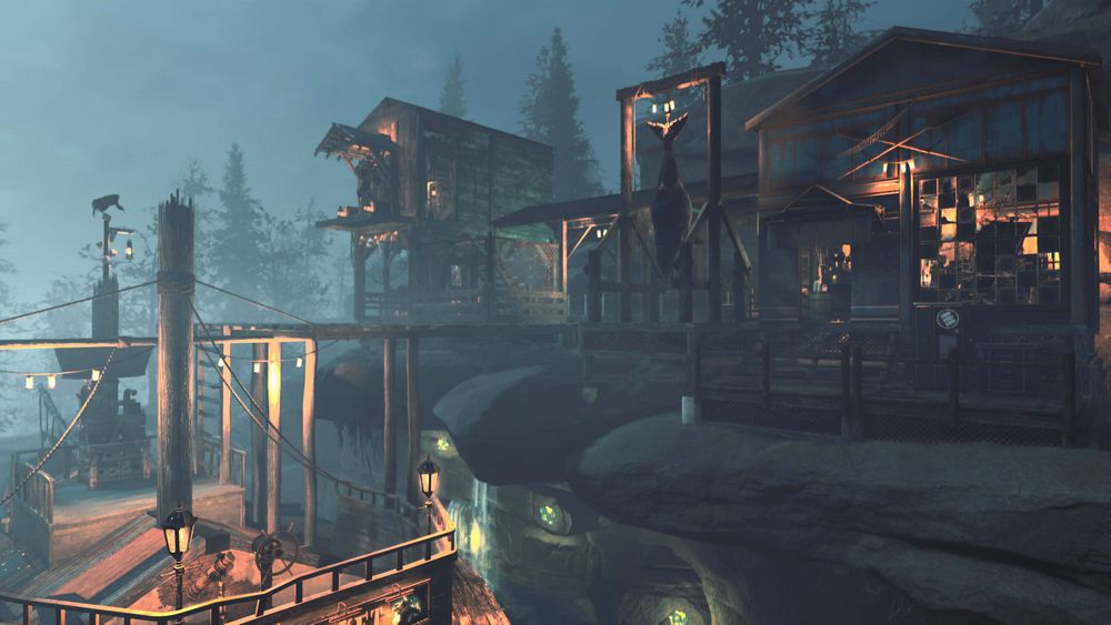 A wooden, ship-like C.A.M.P. built into a rocky cliffside with warm lighting, a waterfall in the background, and surrounding trees.