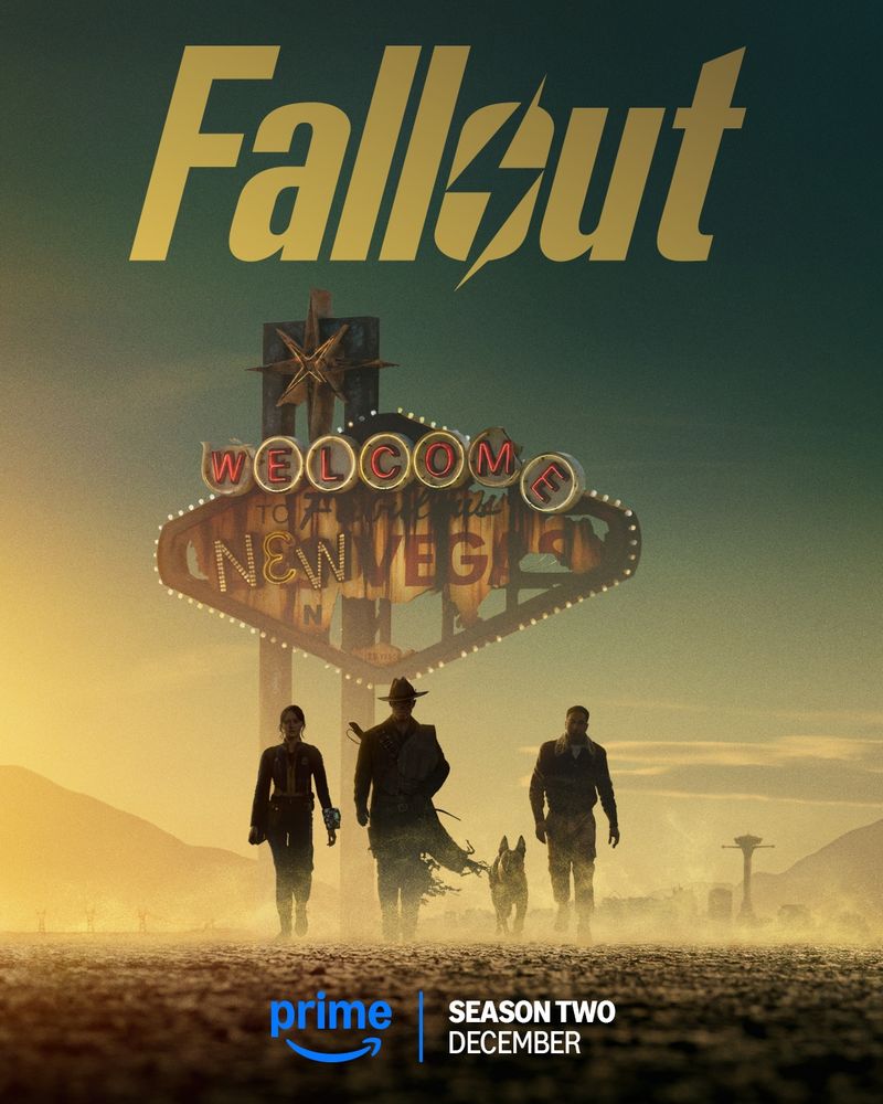 Key art featuring characters from Fallout on Prime in the horizon, with a rusted "Welcome to Fabulous New Vegas" behind them