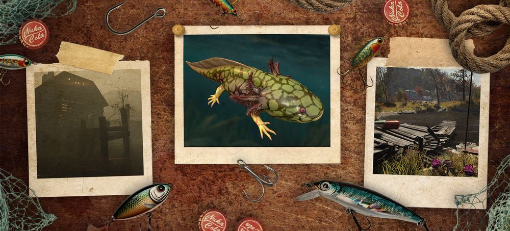 Three Fallout 76 photos pinned to a corkboard, showing a green-scaled axolotl, a cabin at night, and a lakeside dock with flowers.