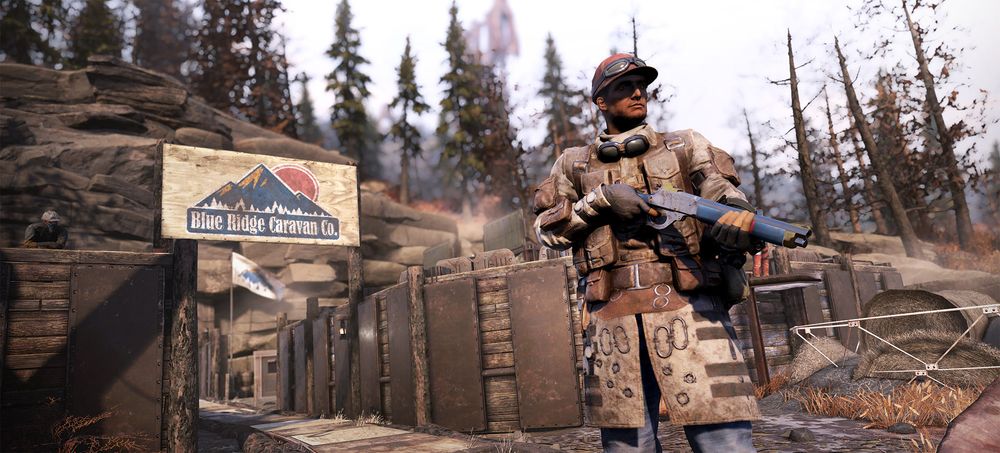Screenshot of a character wearing a outfit fit for travelling, with the Blue Ridge Caravan Co sign in the background