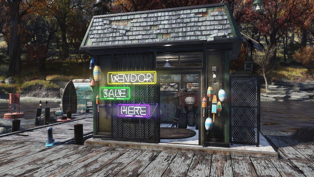 Fishing shack on a wooden dock in Fallout 76, with neon signs and autumn trees in the background