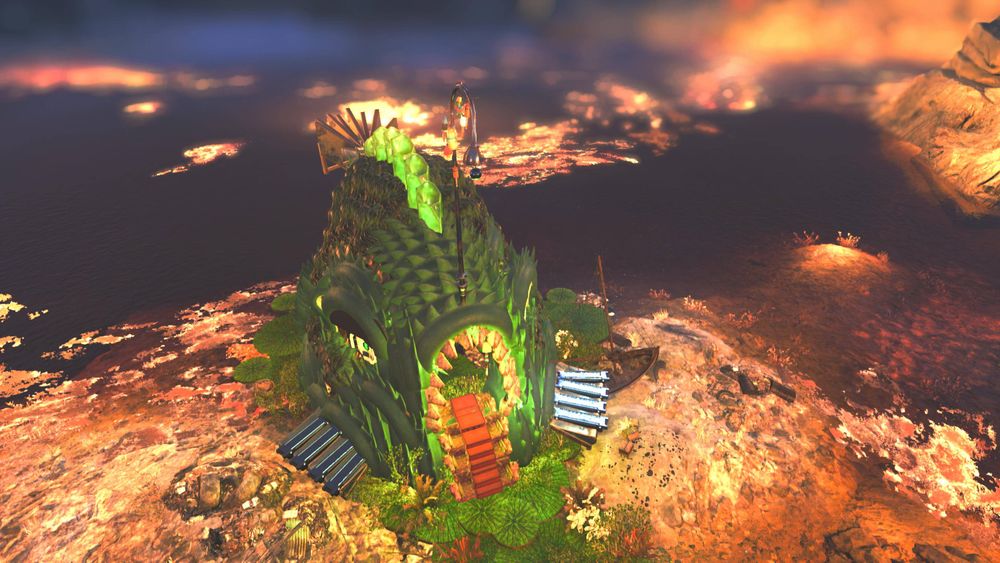 A screenshot of a custom-built camp in Fallout 76 that is built to look like a larger-than-life fish with a wide open mouth