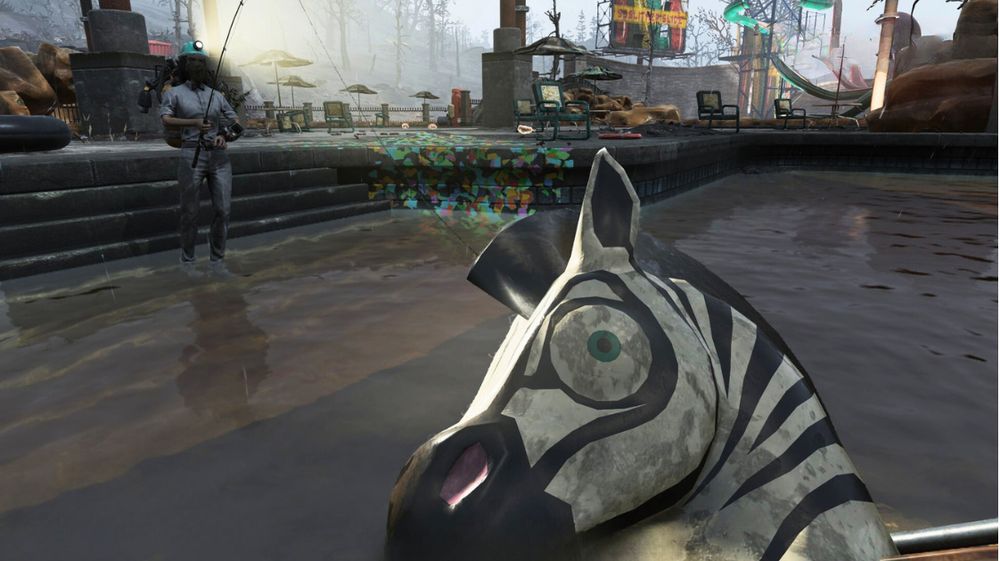 Screenshot of a character fishing in the background, and in the foreground is a zebra mask on a boat, with its eye peeking out in focus