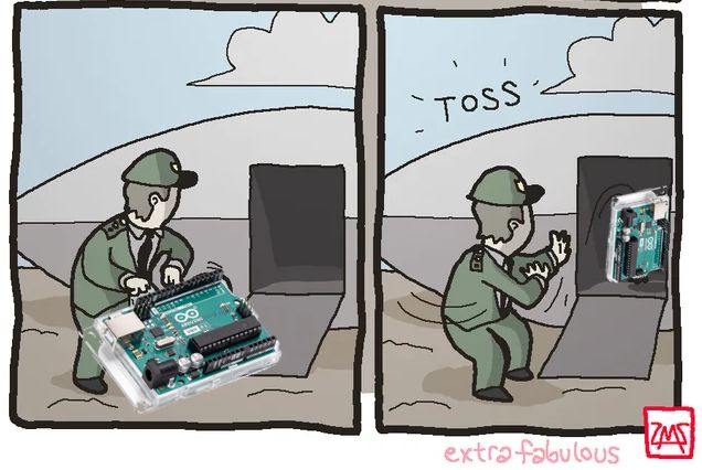 Edit of Extra Fabulous Comic where an army general meets an alien, only to throw it back onto the ship it came from. An Arduino Uno is edited over the alien