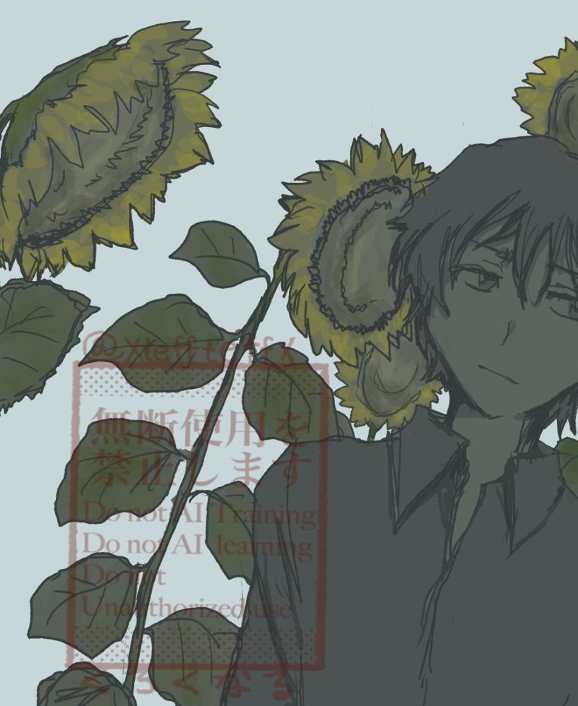 らくがきです。ひまわりに囲まれた男性が少し嫌そうな表情をしています。
