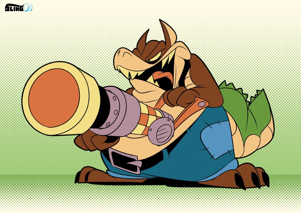 Dingodile from Crash Bandicoot 4, standing and holding his vacuum.