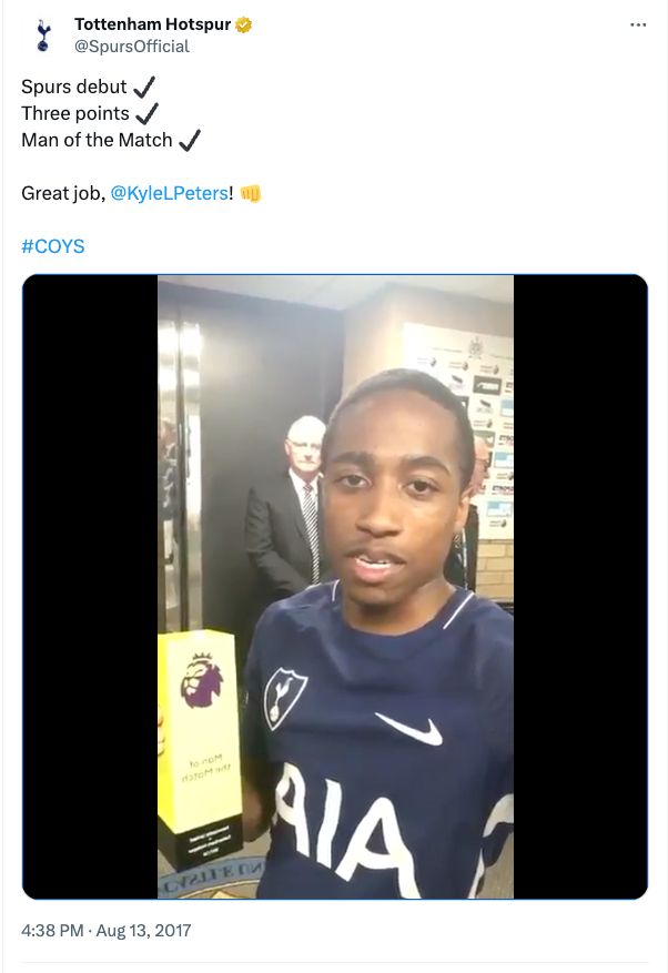 Spurs tweeting: Spurs debut ✔️
Three points ✔️
Man of the Match ✔️

Great job, 
@KyleLPeters
! 👊

#COYS
