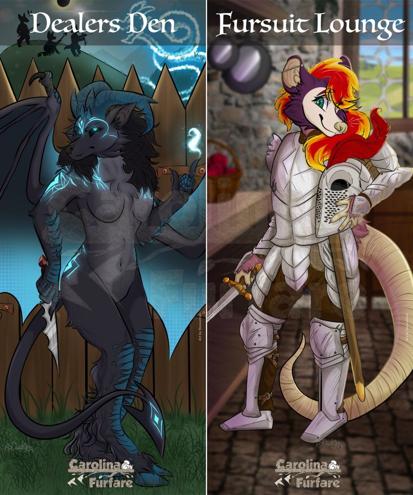 CFF 2025 room banners for Dealers Den and Fursuit Lounge 