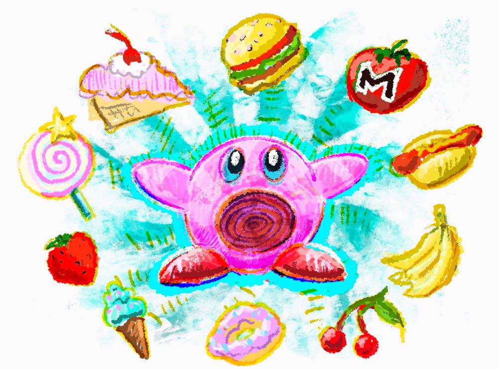 doodle of Kirby inhaling a bunch of food