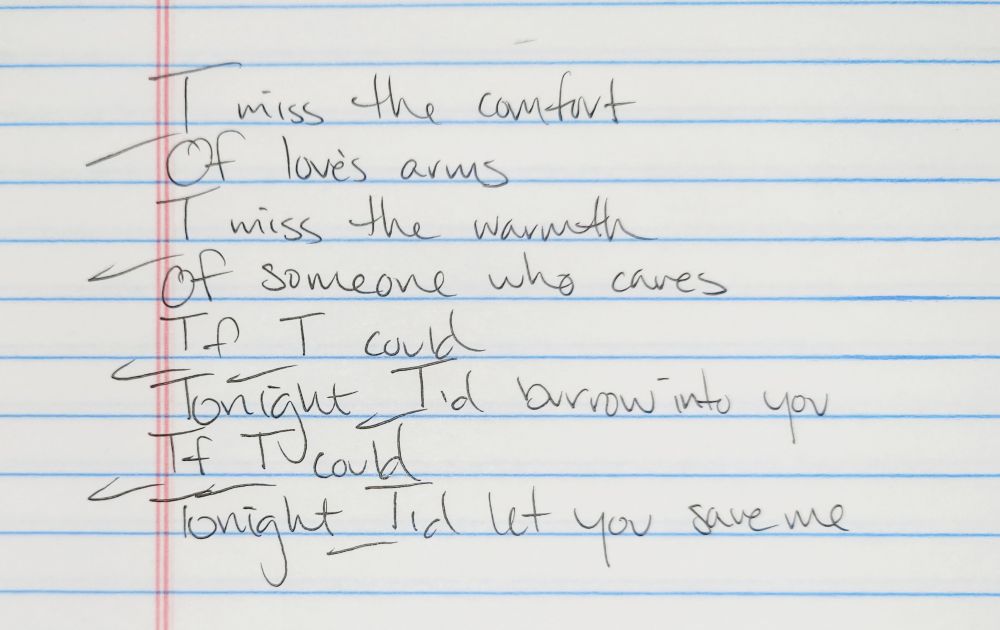 I miss the comfort
Of love's arms
I miss the warmth
Of someone who cares
If I could
Tonight I'd burrow into you
If I could
Tonight I'd let you save me
