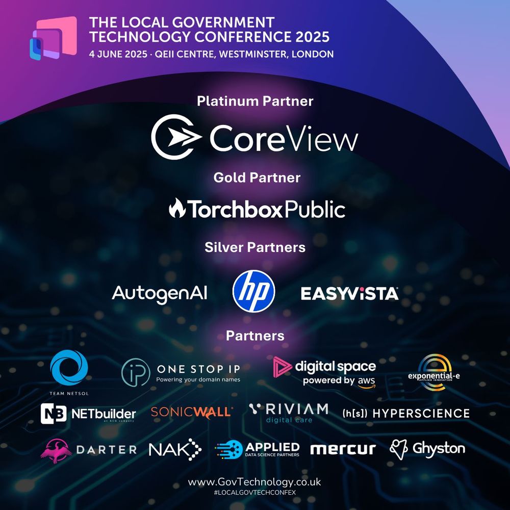 The Local Government Technology Conference 2025, scheduled for June 4, 2025 at QEII Centre, Westminster, London. The poster features a purple and blue gradient background with geometric elements. It displays sponsor logos organized by partnership tiers: CoreView as Platinum Partner, TorchboxPublic as Gold Partner, and Silver Partners including AutogenAI, HP, and EASYViSTA. Additional Partners listed include Team Netsol, One Stop IP, Digital Space powered by AWS, Exponential-e, NETbuilder, SonicWall, Riviam Digital Care, HYPERSCIENCE, Darter, NAK, Applied Data Science Partners, Mercur, and Ghyston. The website www.GovTechnology.co.uk and hashtag #LOCALGOVTECHCONFEX are displayed at the bottom.