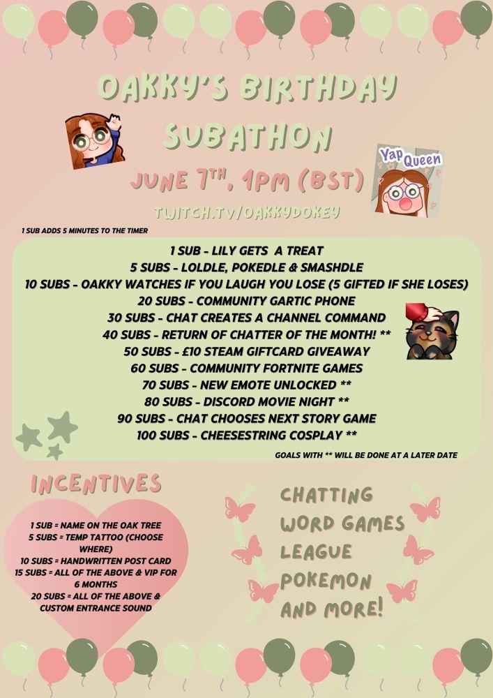 an event poster of oakky's birthday stream, starting june 7th 4pm (bst)! it lists what each sub unlocks and games such as league and pokemon