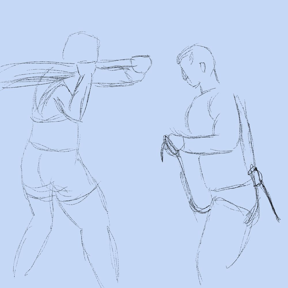 a figure swinging a bat and one holding a rope across their front