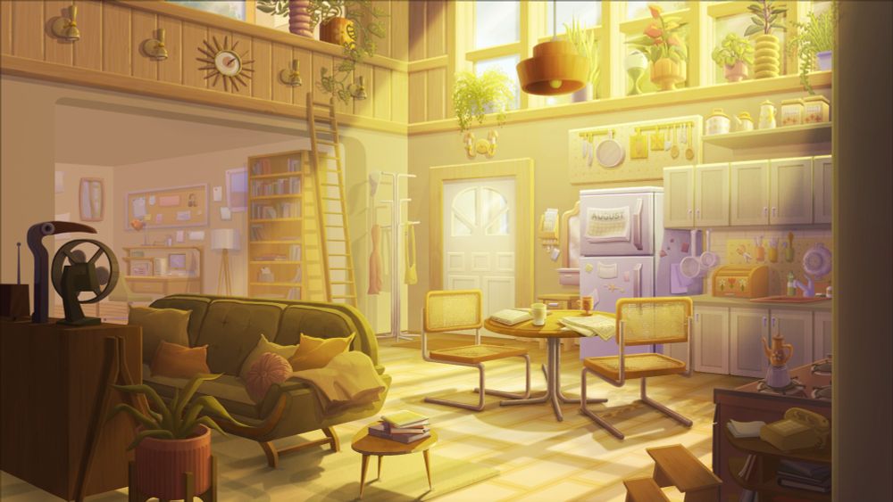 background painting, background art for animation. 1970's living room interior