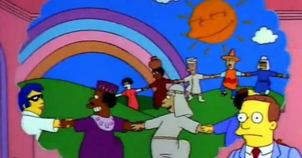 Simpsons character Lionel Hutz imagines a world without lawyers - people of all nations join hands and dance in a circle and the sun smiles down on a rainbow