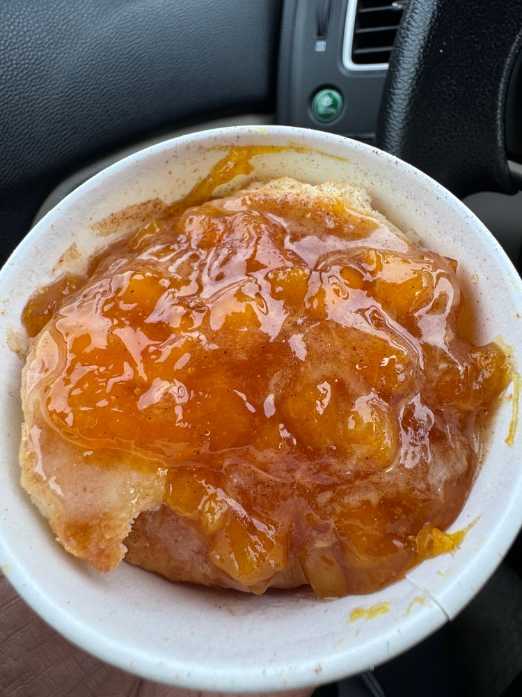 A picture of a peach cobbler from Bojangles 